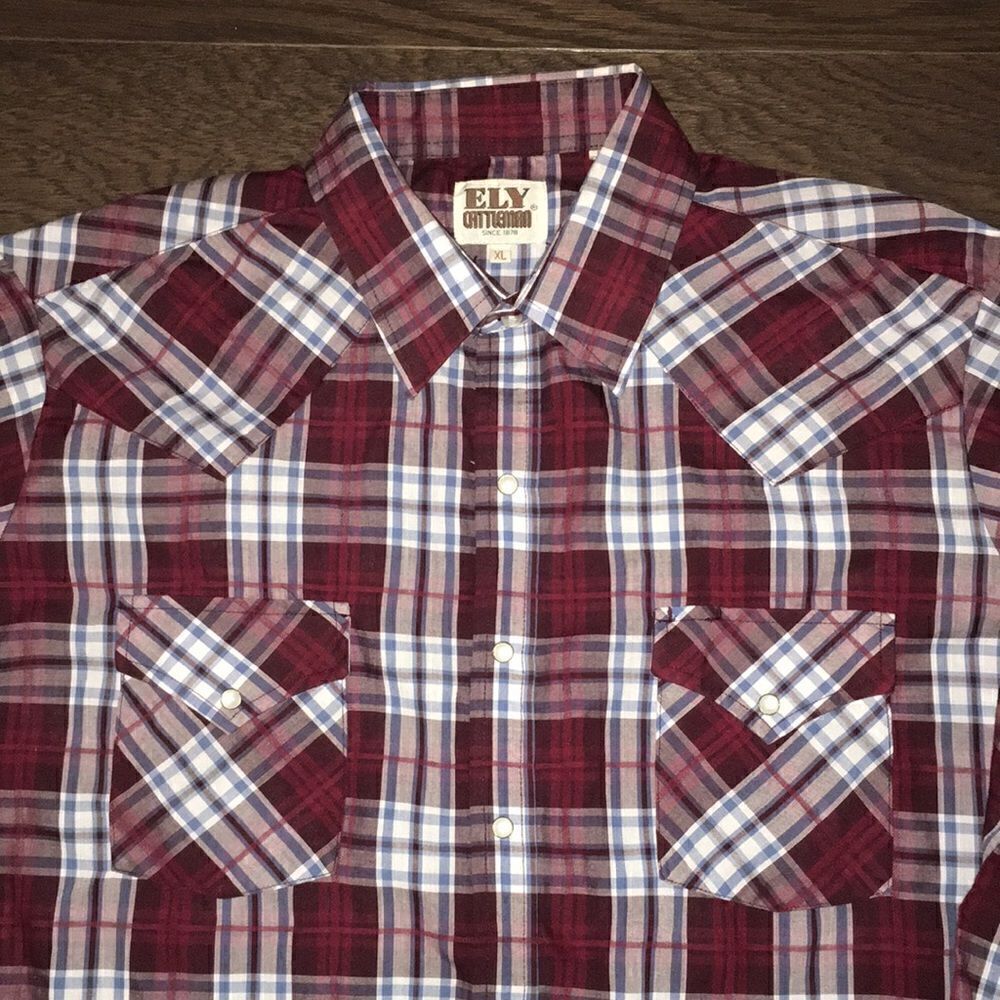 Red White plaid tartan check Ely Cattleman snap pearl western rockabilly shirt